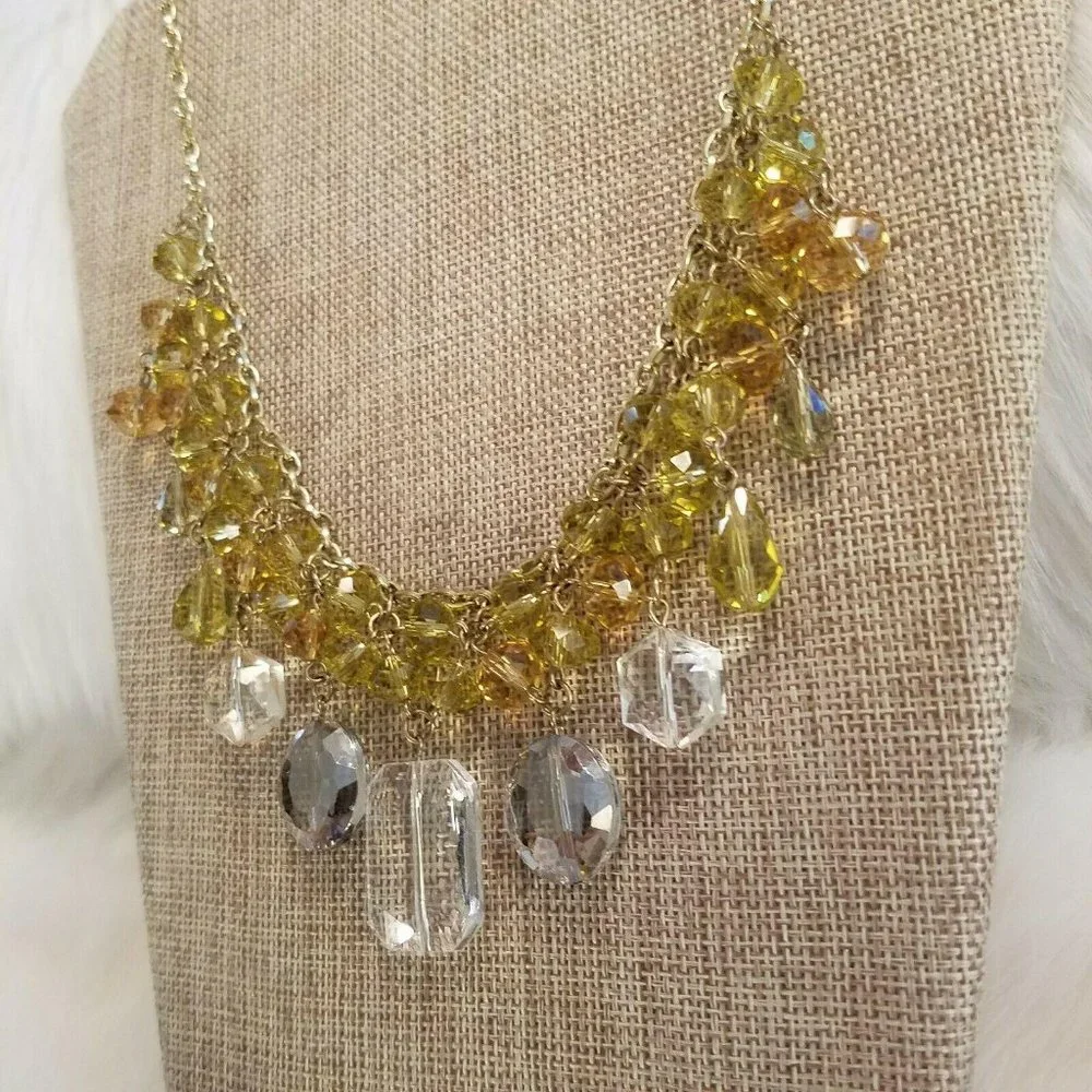 Victorian Regency Glass Bib Necklace Green Gold Tone Festival‎ Gypsy Chunky 2366